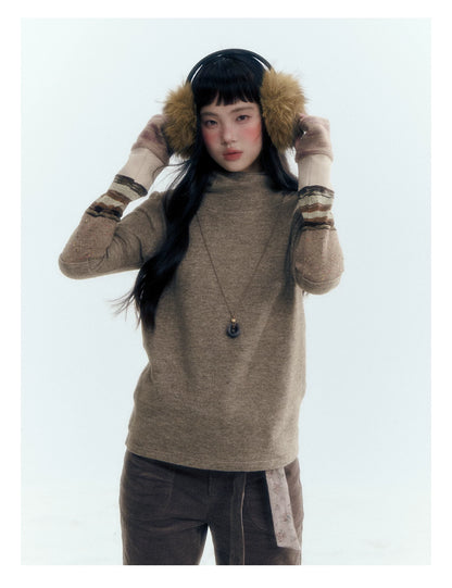 Horridale - Light Brown Colorblock High Cowl Neck Long Sleeve Top