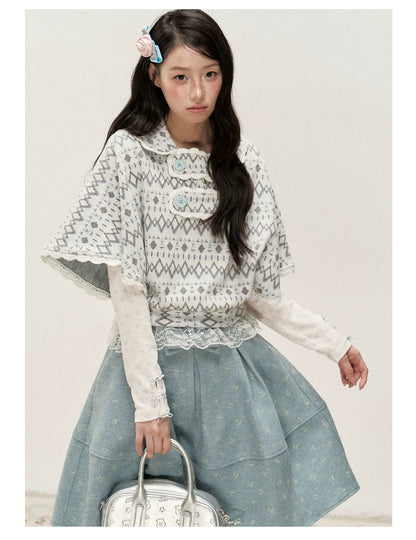 [RF] Frost Mist Blue Floral Jacquard A-Line Midi Skirt with Plaid Waistband