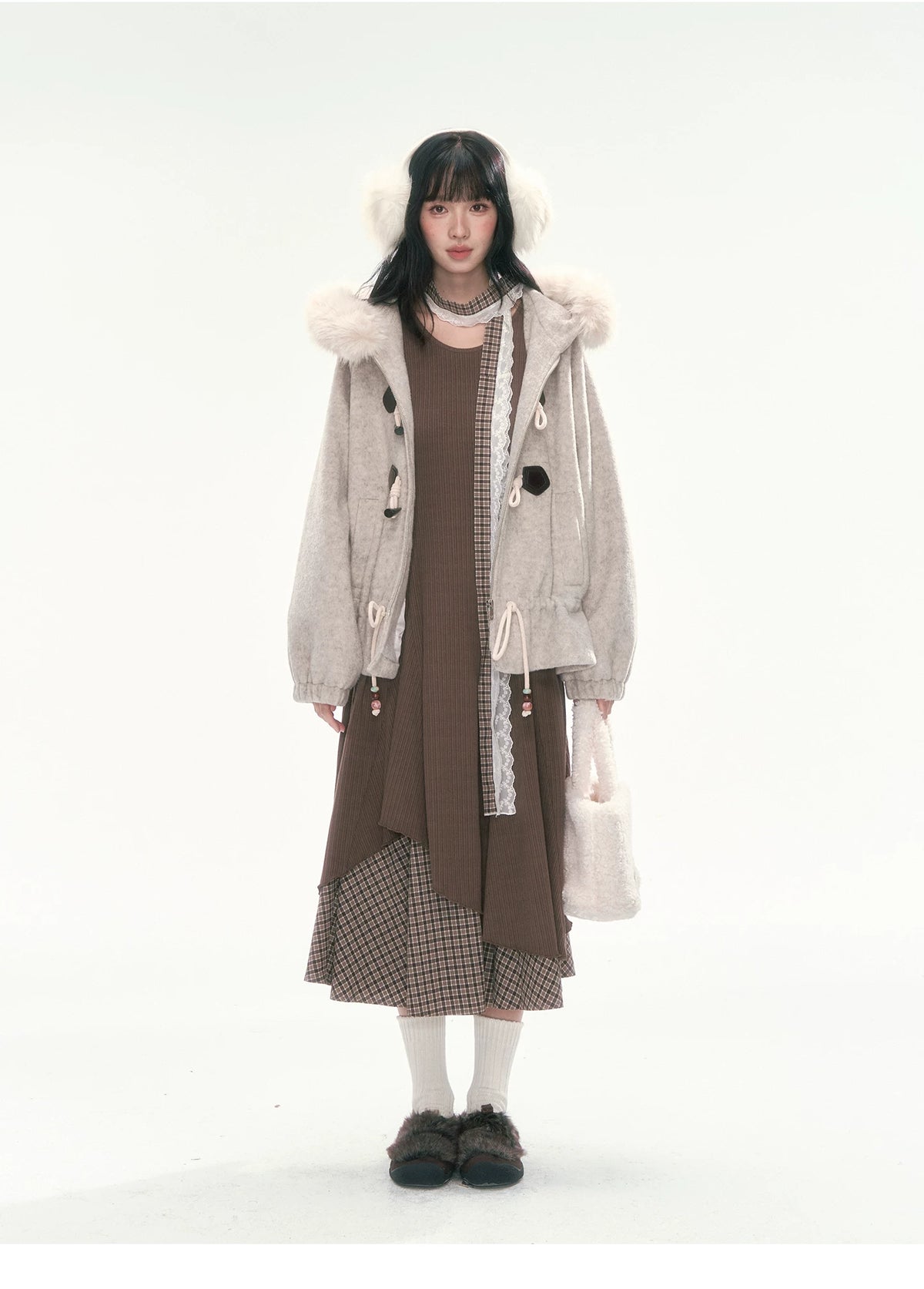 CAN - "Frosted Cloud Reverie" Beige Gray Detachable Faux-Fur Collar Wool-Blend Jacket