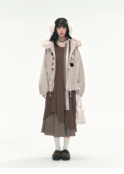 CAN - "Frosted Cloud Reverie" Beige Gray Detachable Faux-Fur Collar Wool-Blend Jacket