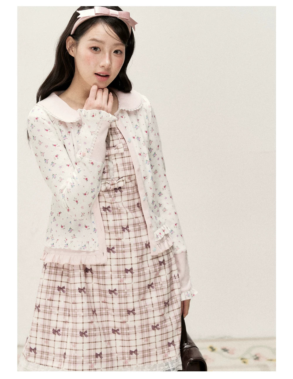 [RF] Waffle Texture Peter Pan Collar Floral Cardigan in Soft Pink