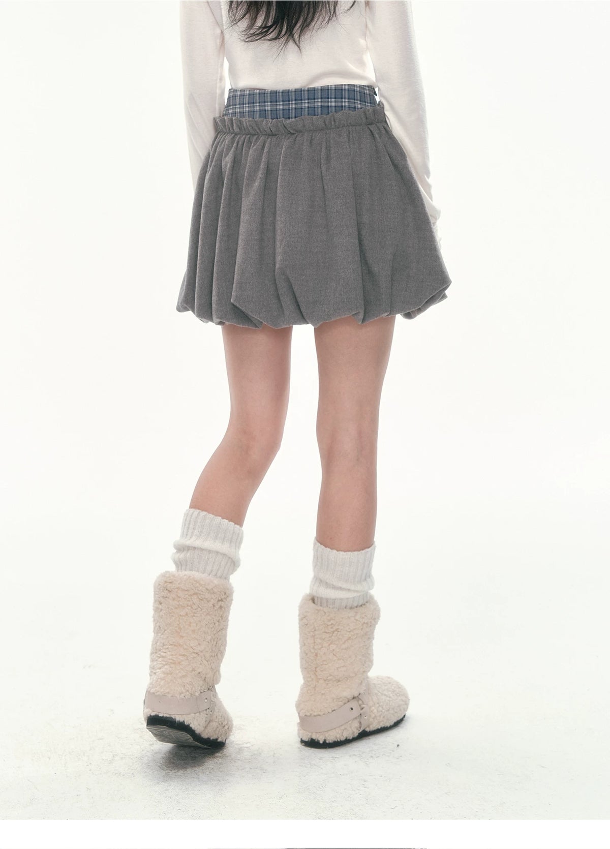 [CAN] Plaid Bubble Hem Mini Skirt with Ruched Detail