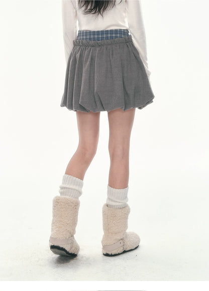 [CAN] Plaid Bubble Hem Mini Skirt with Ruched Detail