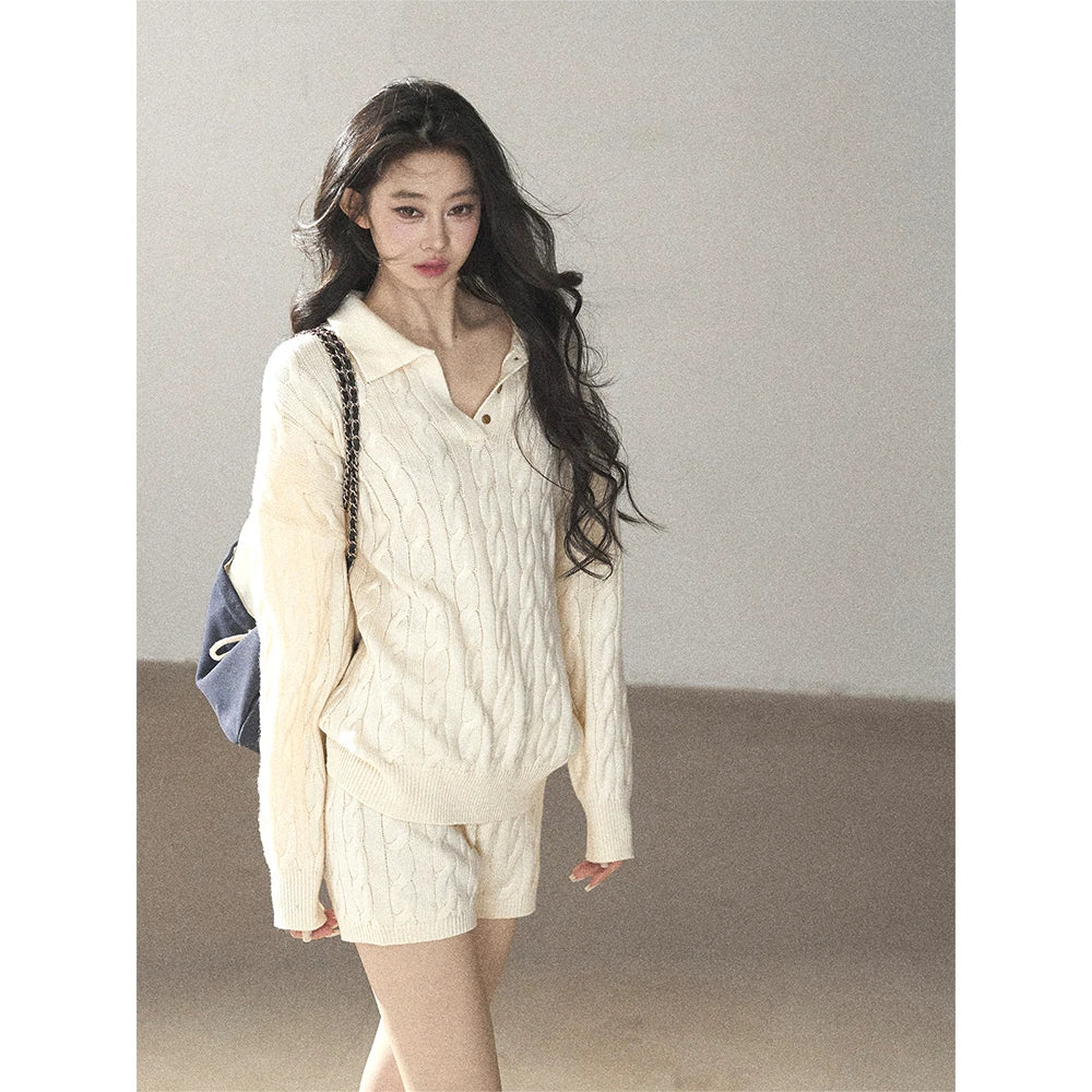 AOMALM - Dutch Cream Cable Knit Sweater & Shorts Set with Shawl