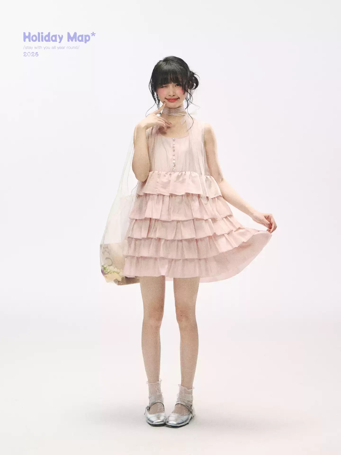 "Misty Pink Reverie" Petal Pink Lace Tie Tiered Sleeveless Dress