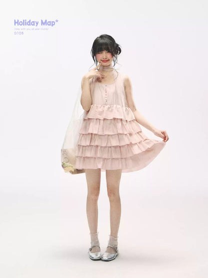 "Misty Pink Reverie" Petal Pink Lace Tie Tiered Sleeveless Dress
