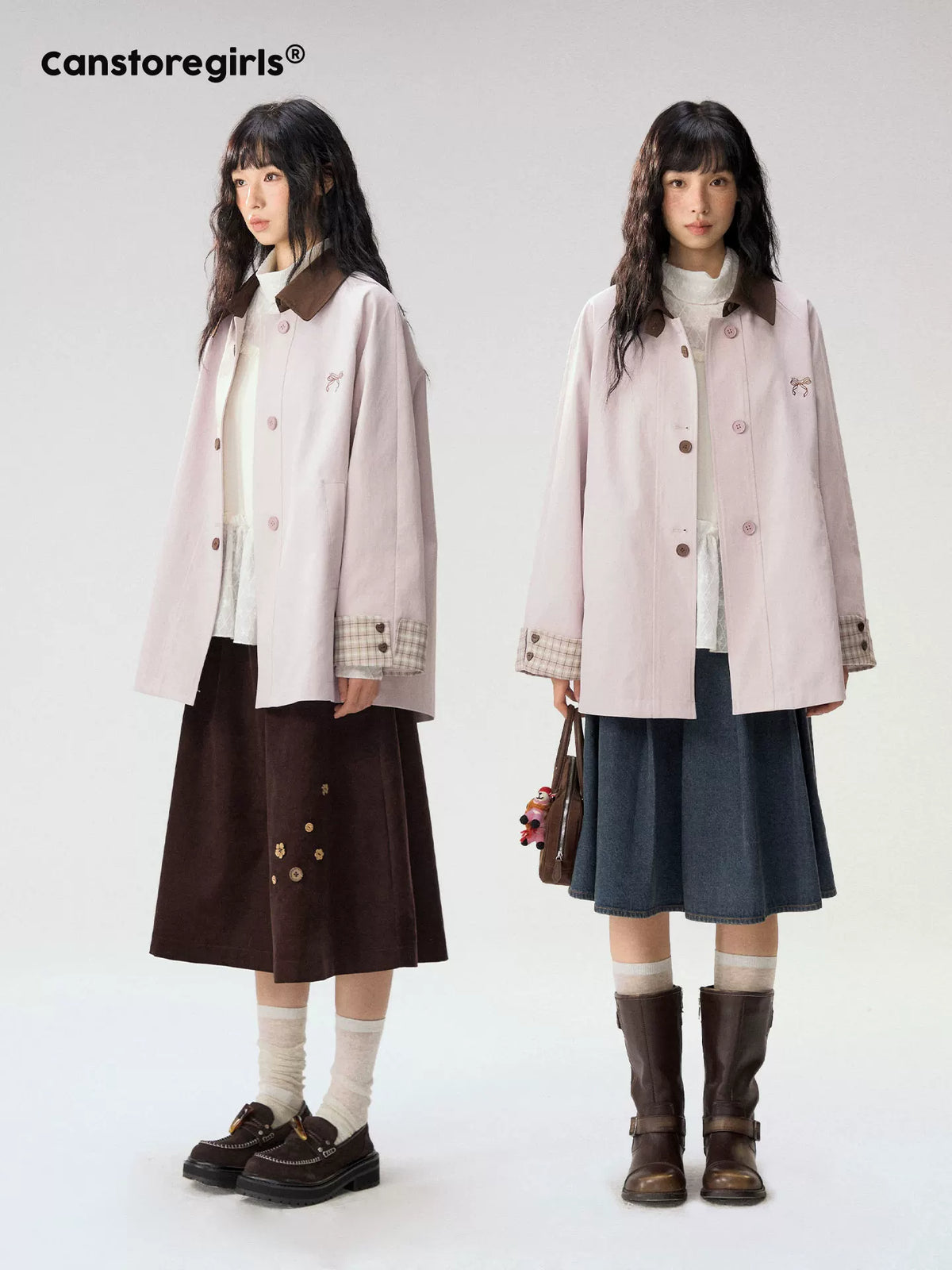 [CAN] Marshmallow & Cookie" Dusty Pink & Brown Plaid Bow Embroidered Trench Coat