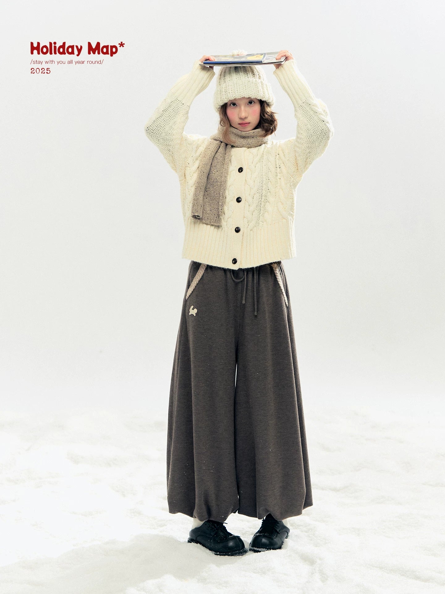 "Bunny Tea Party" Fleece-Lined Balloon Wide-Leg Pants (Hazelnut Brown/ Midnight Gray)
