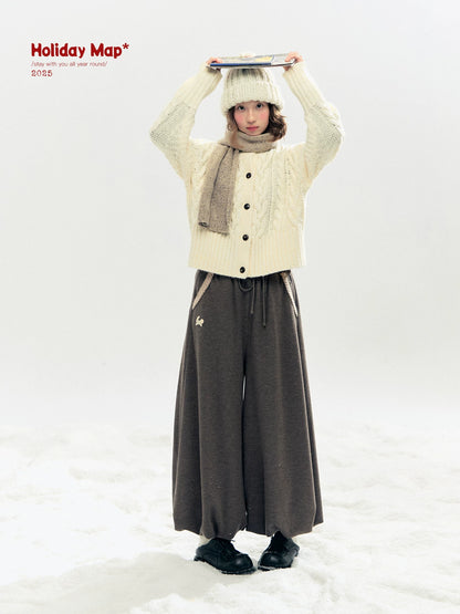 "Bunny Tea Party" Fleece-Lined Balloon Wide-Leg Pants (Hazelnut Brown/ Midnight Gray)