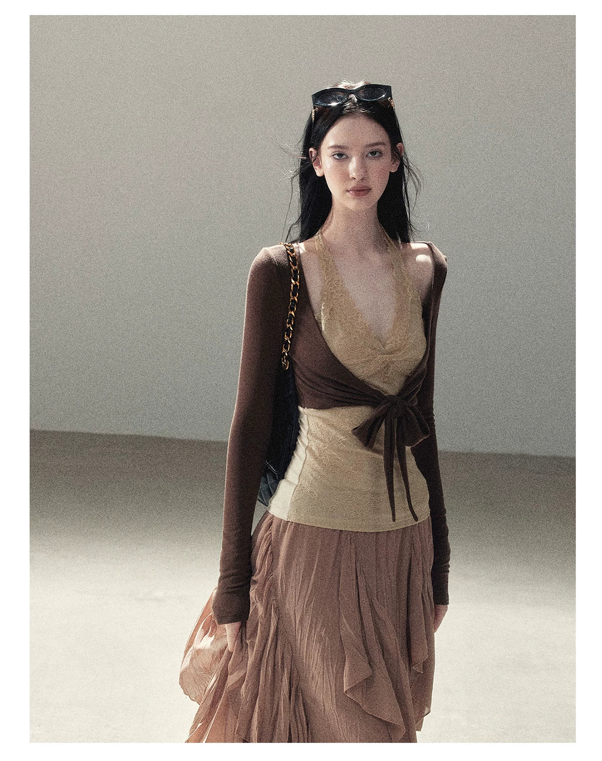 AOMALM - "Tender in This Moment" Rich Cocoa Faux Two-Piece Lace Top