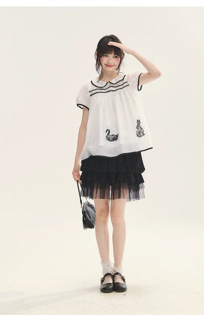 "Black & White Sonata" Polka Dot Mesh Tiered Jellyfish Skirt (White/ Black)