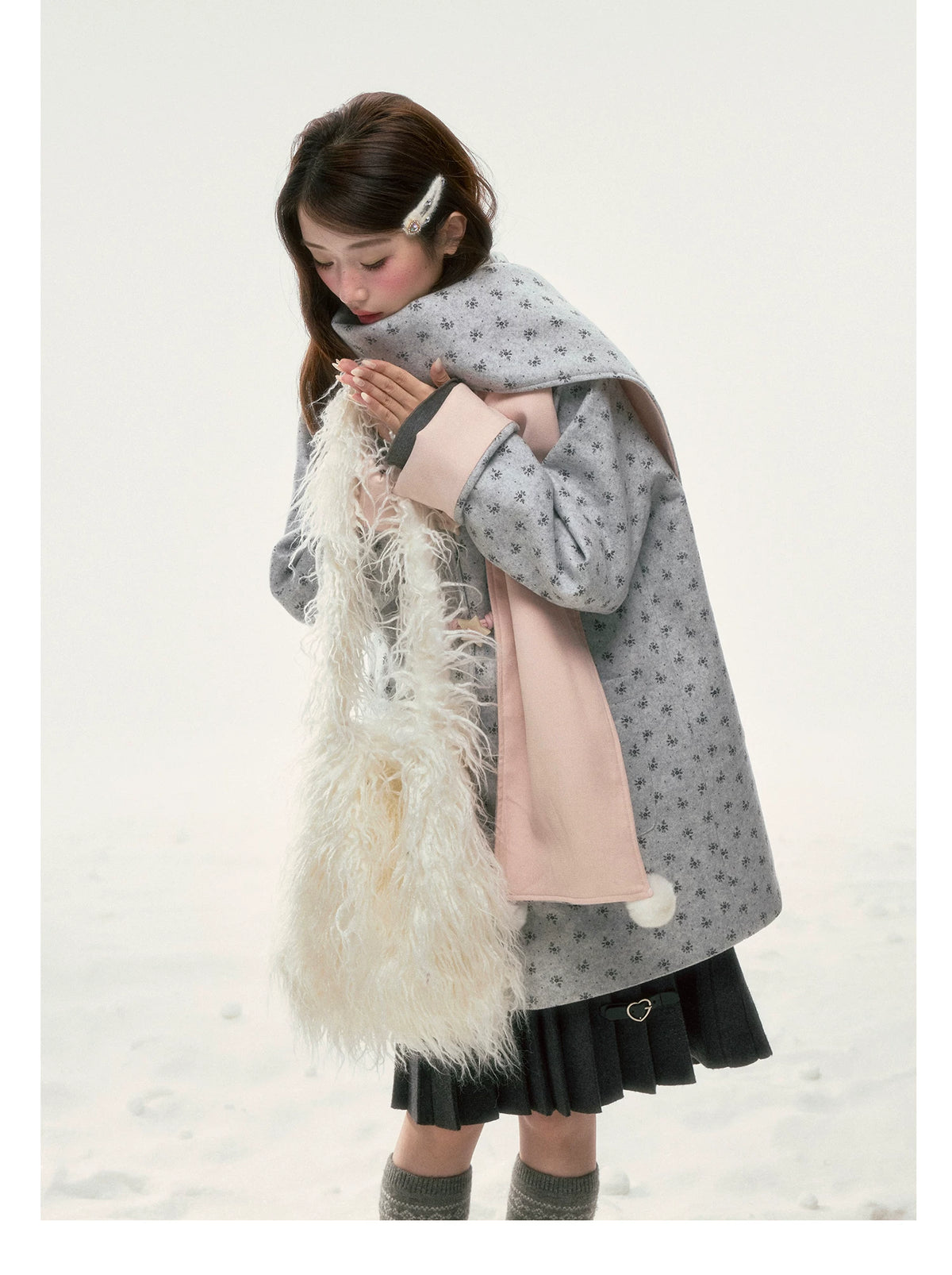 BIBIBENCY - Gray Floral Scarf-Trim Wool-Look Coat