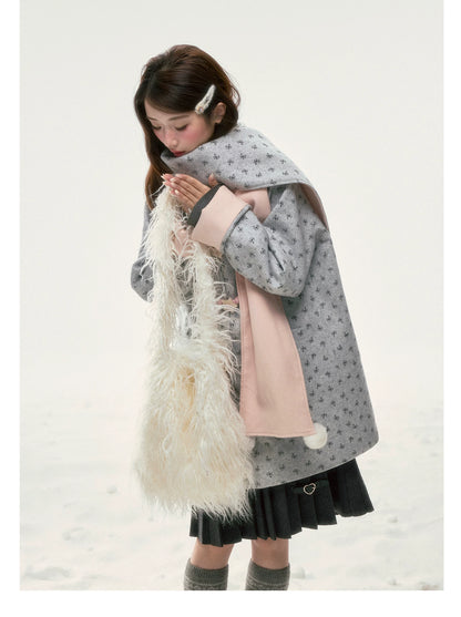 BIBIBENCY - Gray Floral Scarf-Trim Wool-Look Coat