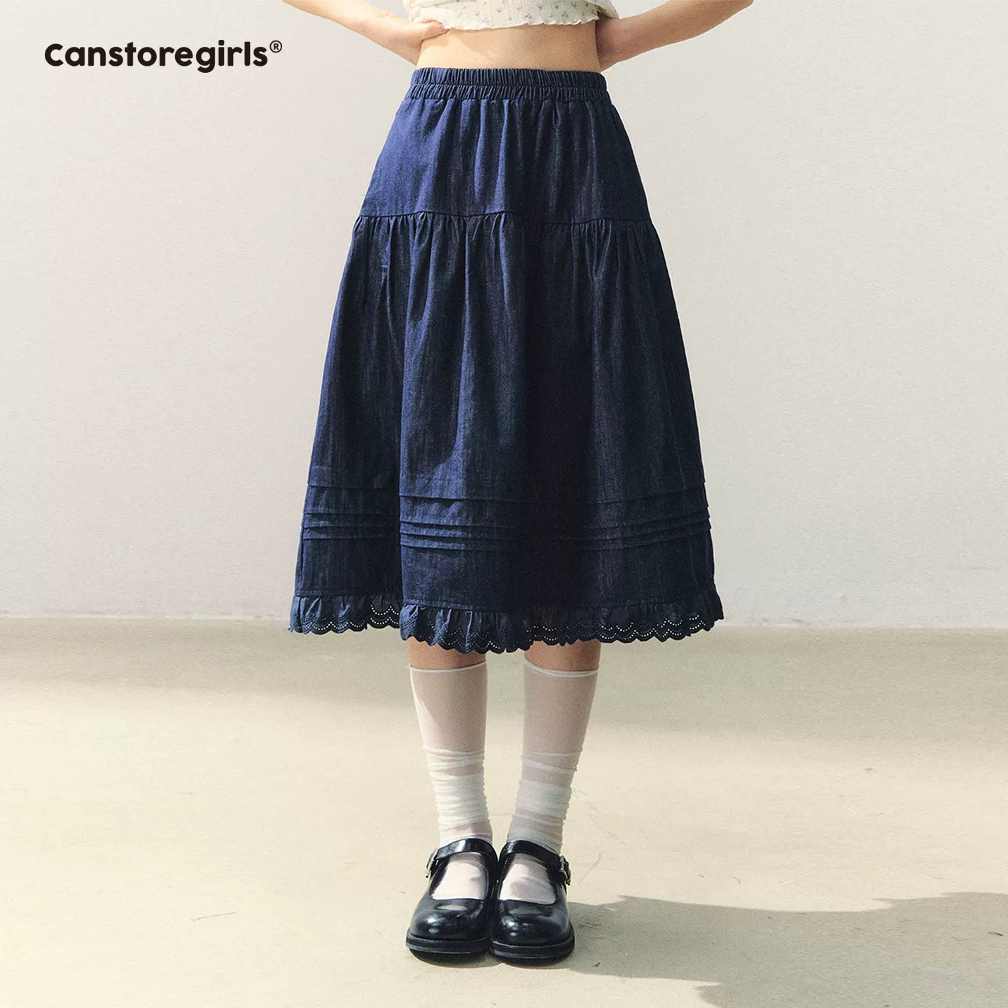 "Old Alley Blues" Lace Trim A-line Midi Skirt WW2026043
