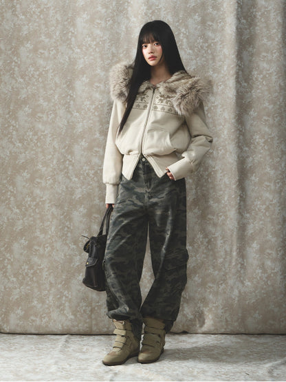 Soote Season - Oat Gray Studded Faux Fur Hoodie Jacket with Fur Collar