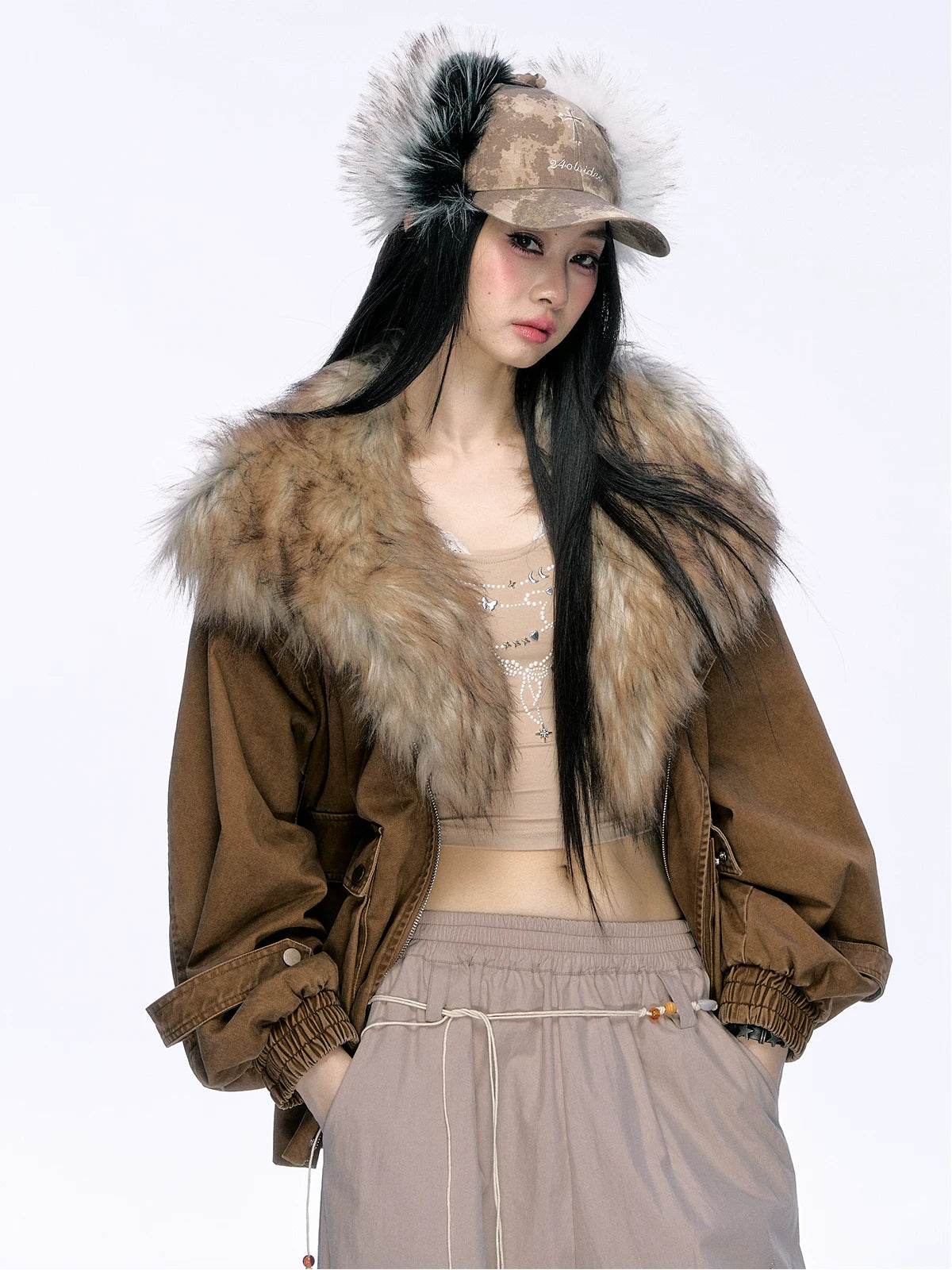 JN's DESIGN - Washed Chestnut Brown Faux Fur Collar Utility Jacket