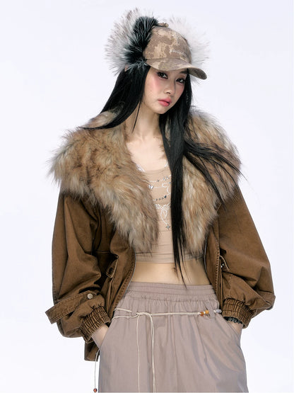 JN's DESIGN - Washed Chestnut Brown Faux Fur Collar Utility Jacket