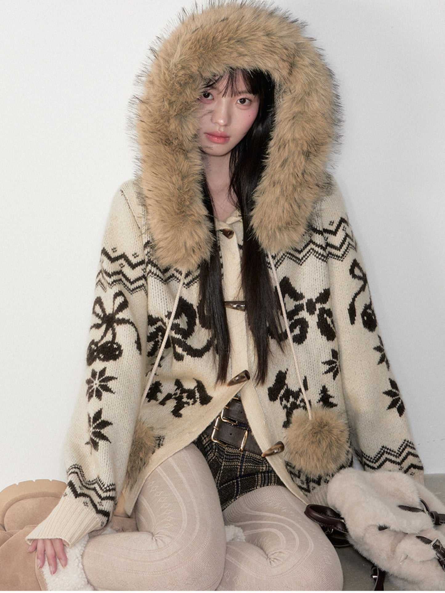 Soote Season - Fair Isle Cream Hooded Toggle Knit Jacket - Light Cream