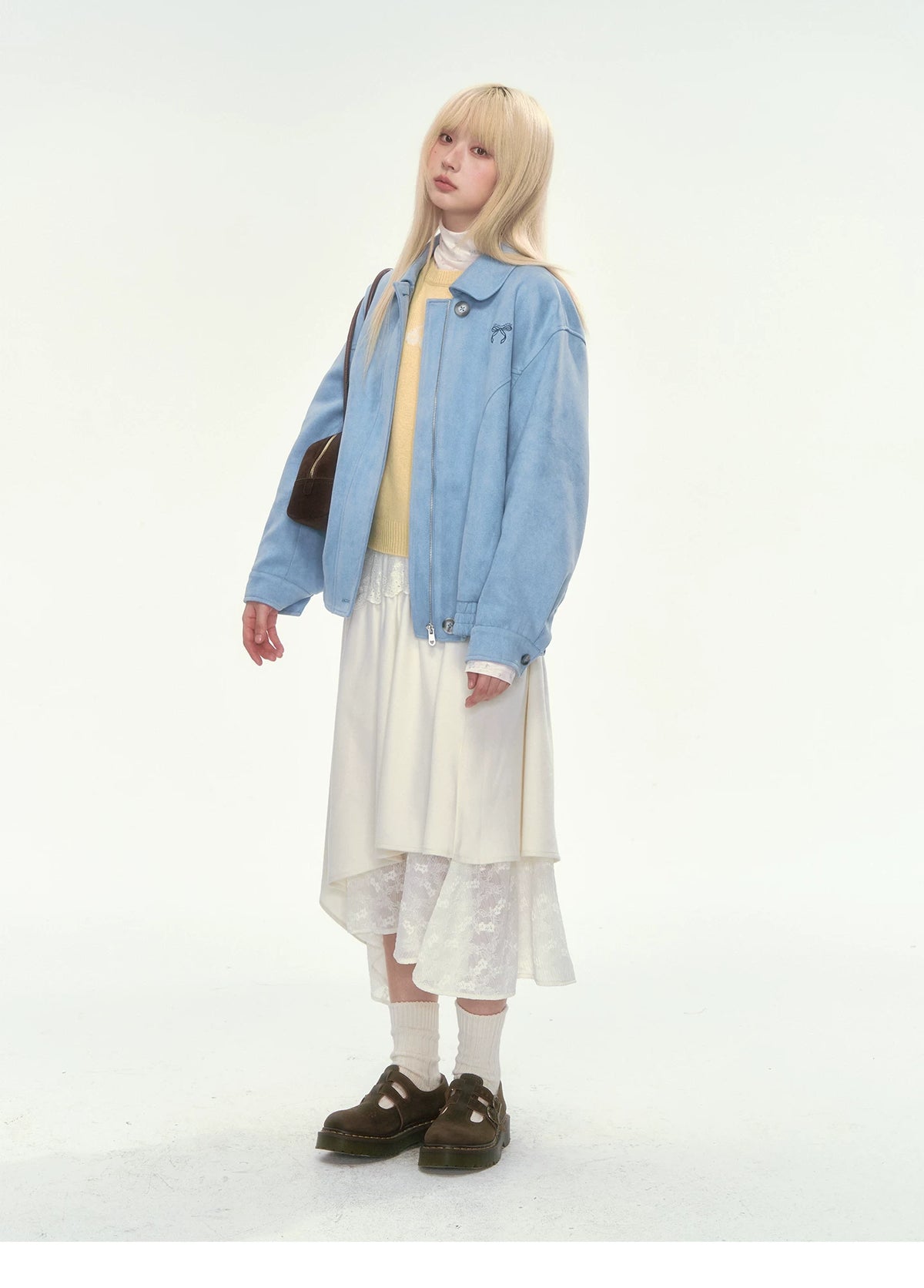 [CAN] Dusty Blue Suede Bow Embroidery Jacket