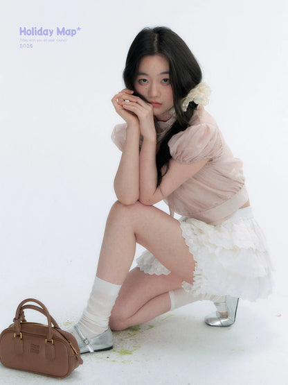 Vintage Stand Collar Bow Puff Sleeve Waist-Cinching Blouse with Knit Cami Set