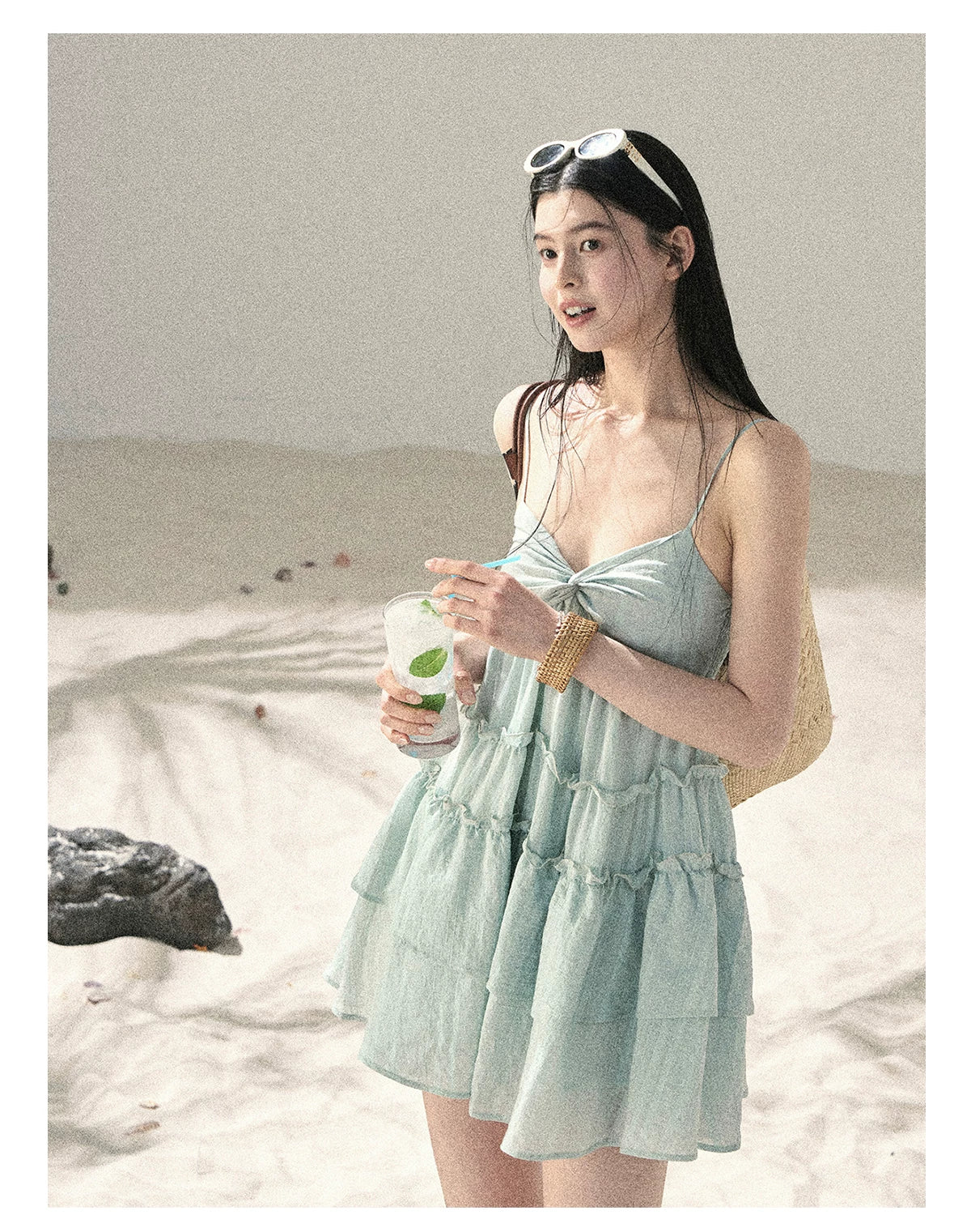 "Mossy Stone Steps" Primrose Green Tiered Cami Mini Dress