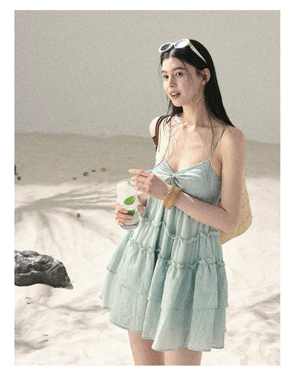 "Mossy Stone Steps" Primrose Green Tiered Cami Mini Dress
