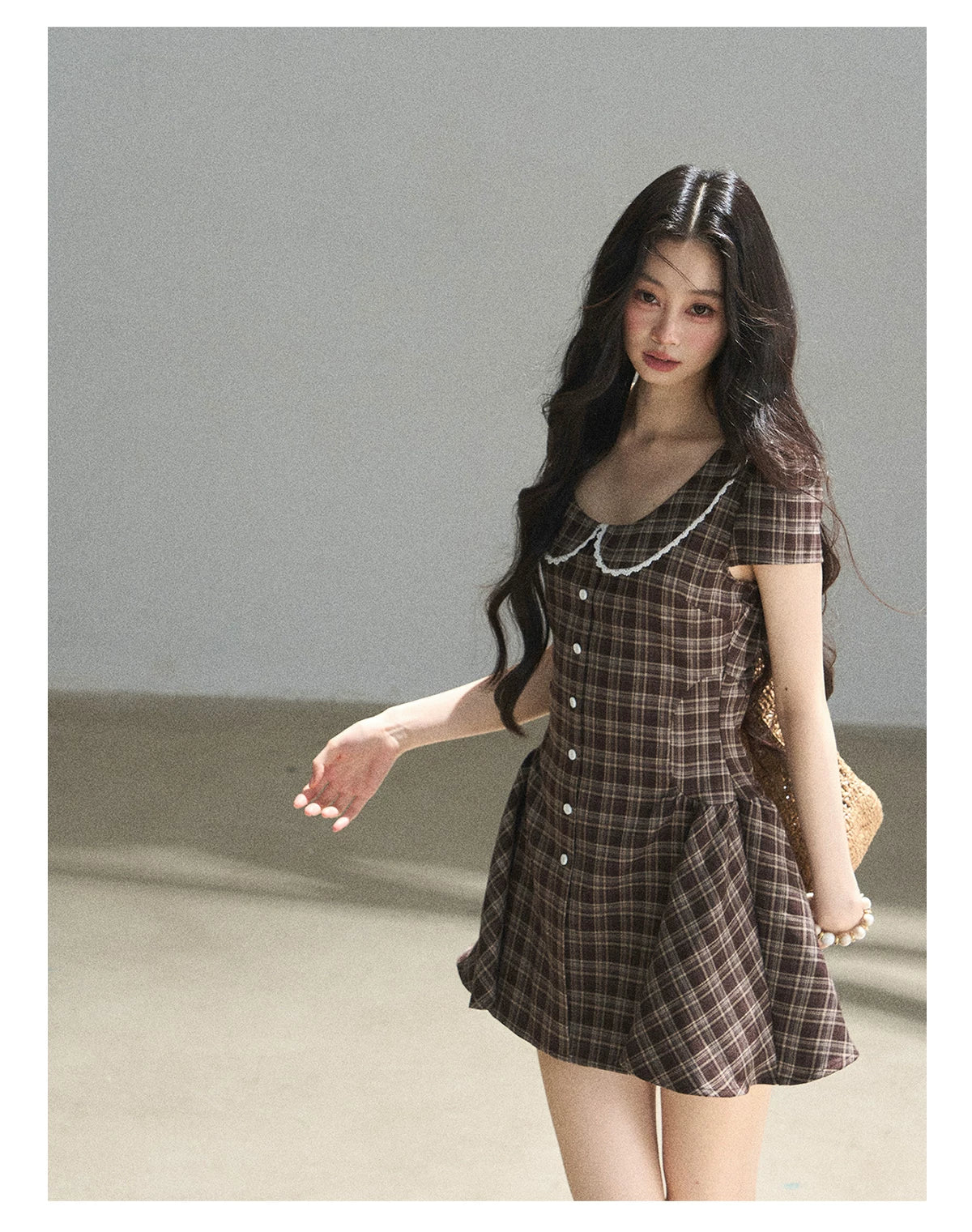 "The Camphor Tree in Late May" Chestnut Brown Plaid Peter Pan Collar Babydoll Mini Dress