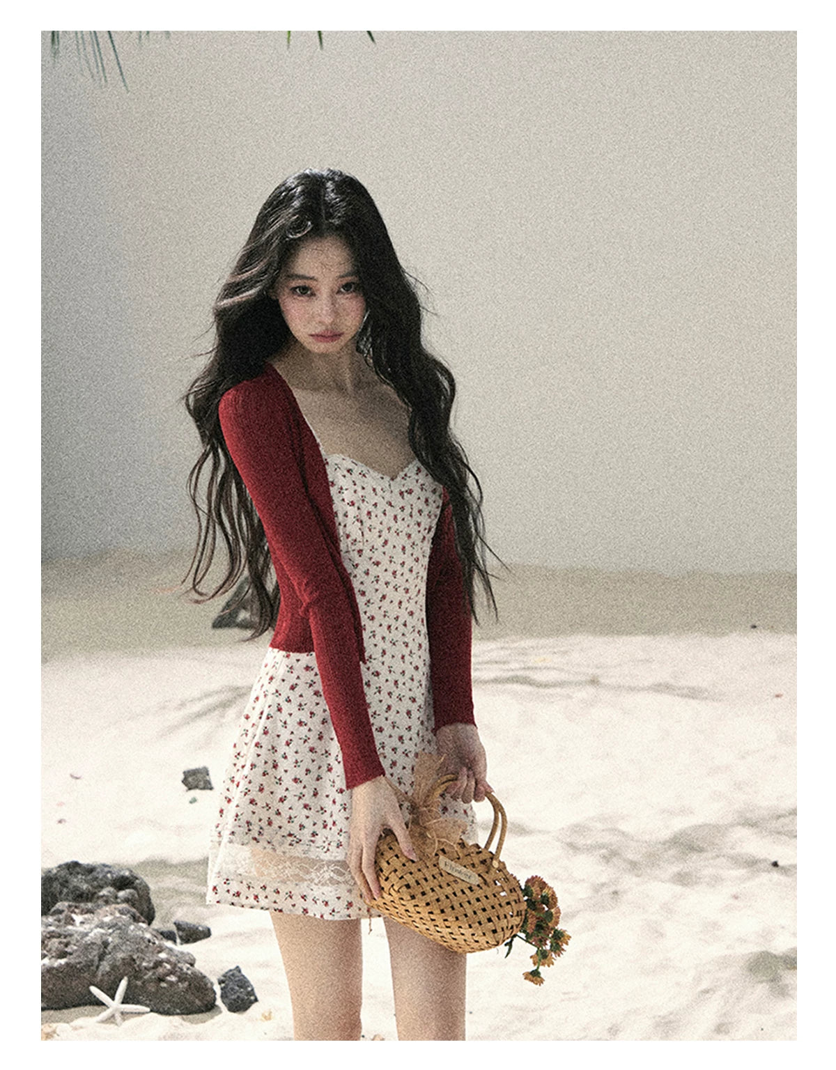 "Blooming Rose Reverie" Cloud White Floral Lace Mini Dress & Burgundy Wine Cardigan 56483