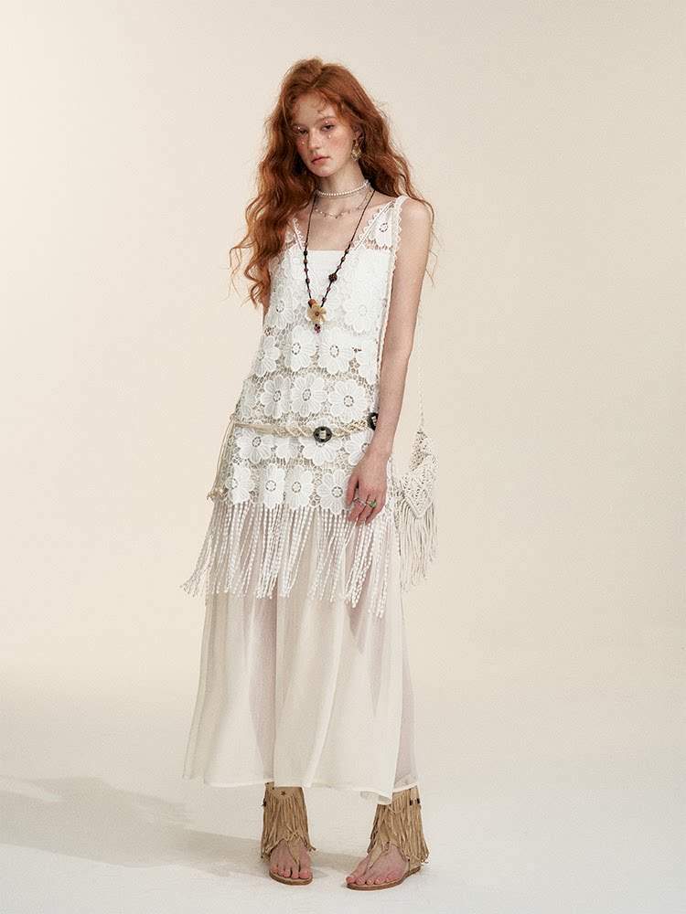 Apricot Sheer-Panel Midi Skirt