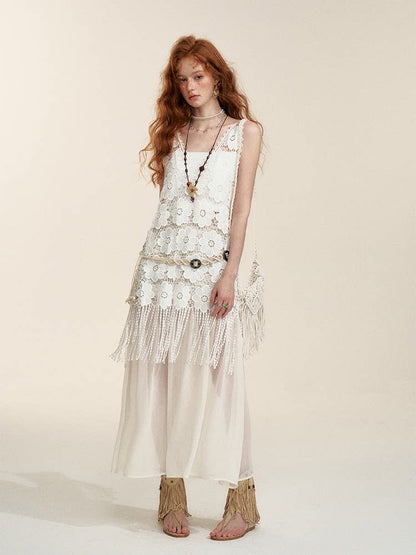 Apricot Sheer-Panel Midi Skirt