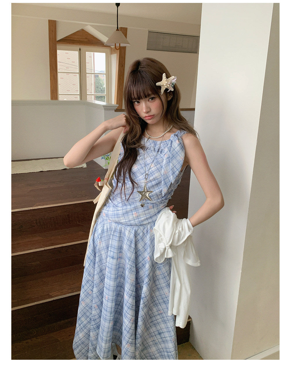 “Blue Meadow Reverie” Blue Plaid Floral Maxi Dress