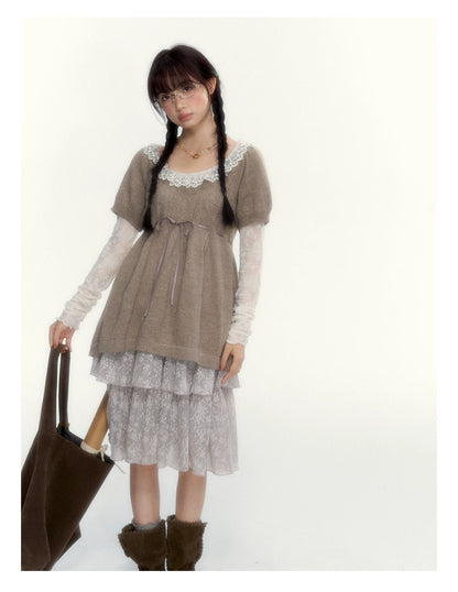 “Cloud Pleats” Chestnut Mist U-Neck Bow-Tie Puff Sleeve Knit Sweater