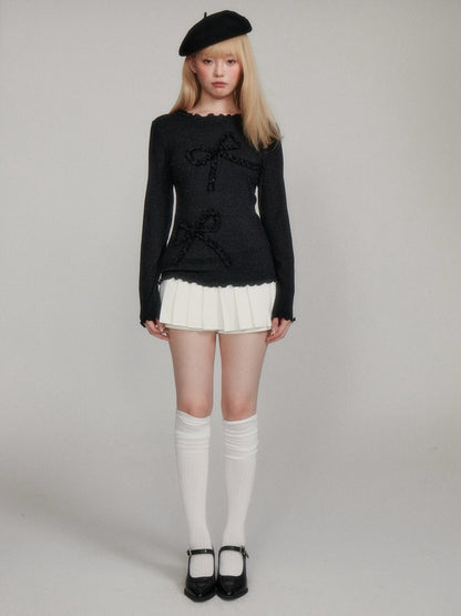 “Cozy Winter Speckled Bow” Lenzing Lyocell Long-Sleeve Base Top - Black Grey M6669