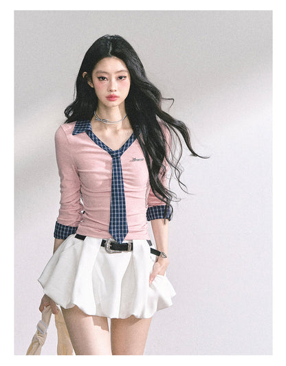 少也眼 "Han Gao Rolecard" Dual-Layer Illusion V-Neck Plaid Waist-Slimming Tee - Pink