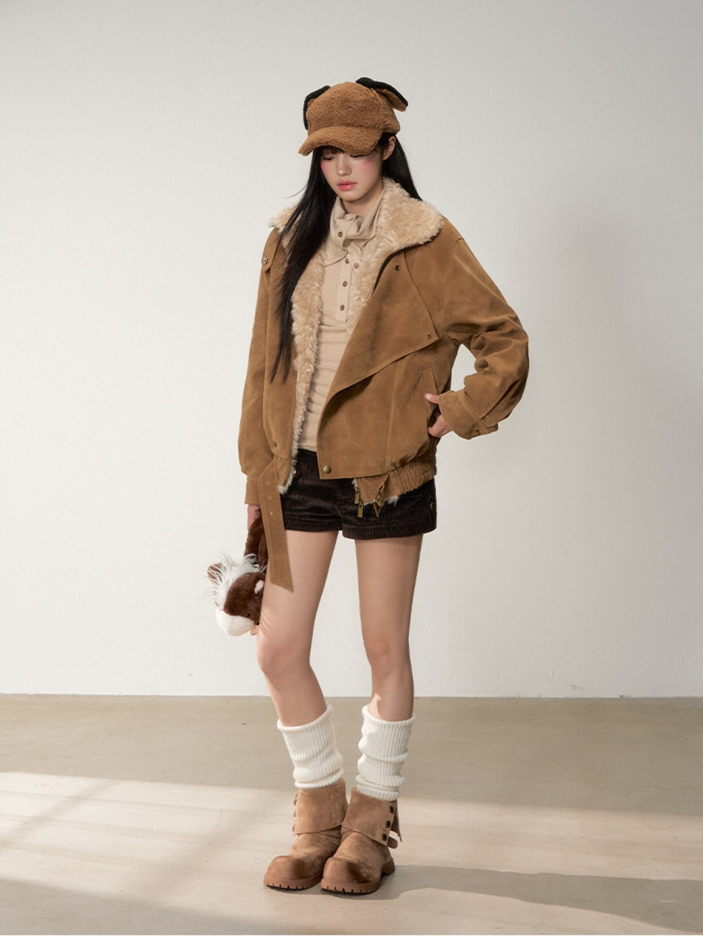 Soote Season - “Melard Mood” Retro Faux Suede Shearling-Trim Biker Jacket - Almond Brown