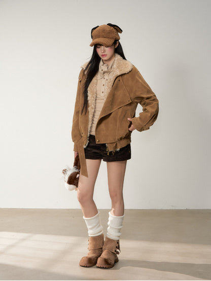 Soote Season - “Melard Mood” Retro Faux Suede Shearling-Trim Biker Jacket - Almond Brown