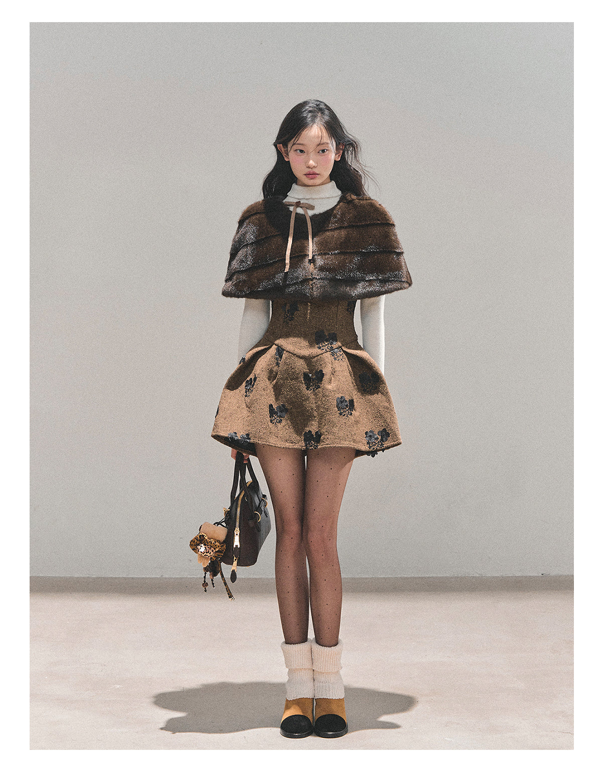 少也眼 “Whispers of Moss” Sparkle-Lined Gown with Faux-Fur Cape - Coffee/Deep Cocoa 6412124145