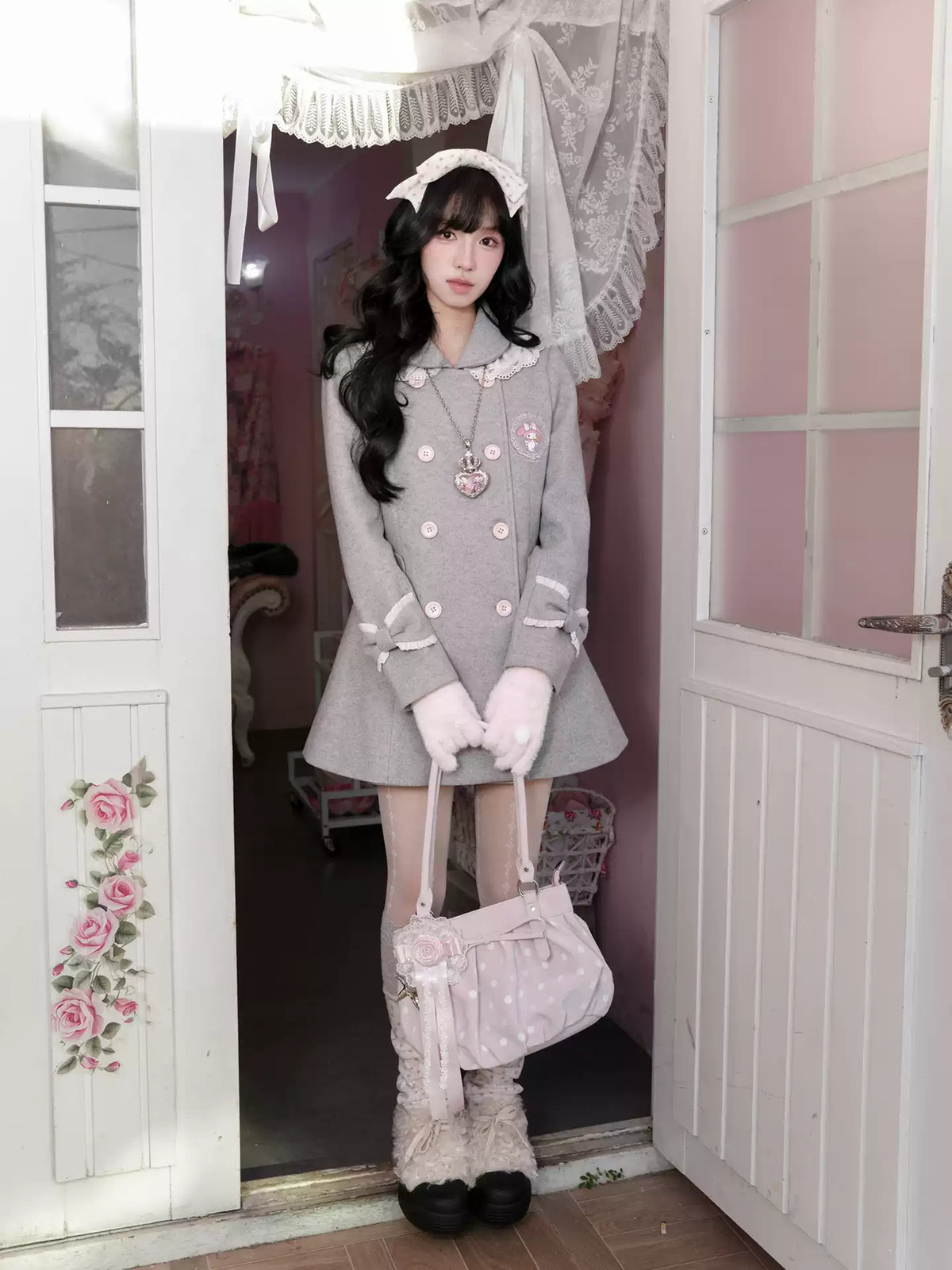 KYOUKO - My Melody Dusty Pink-Gray Double-Breasted Waist-Defined Wool-Look Coat