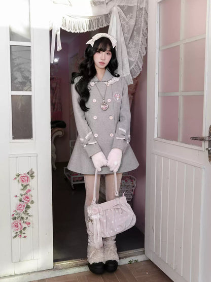 KYOUKO - My Melody Dusty Pink-Gray Double-Breasted Waist-Defined Wool-Look Coat
