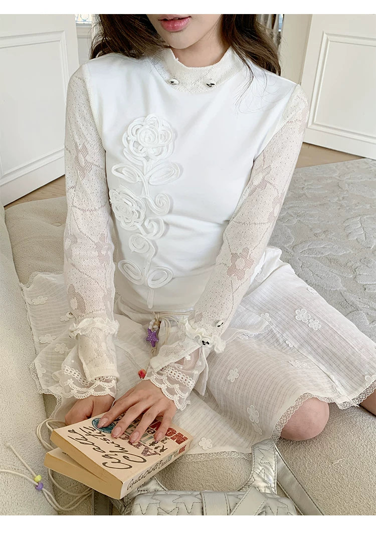 “Porcelain Bloom Reverie” White Floral Layered Top