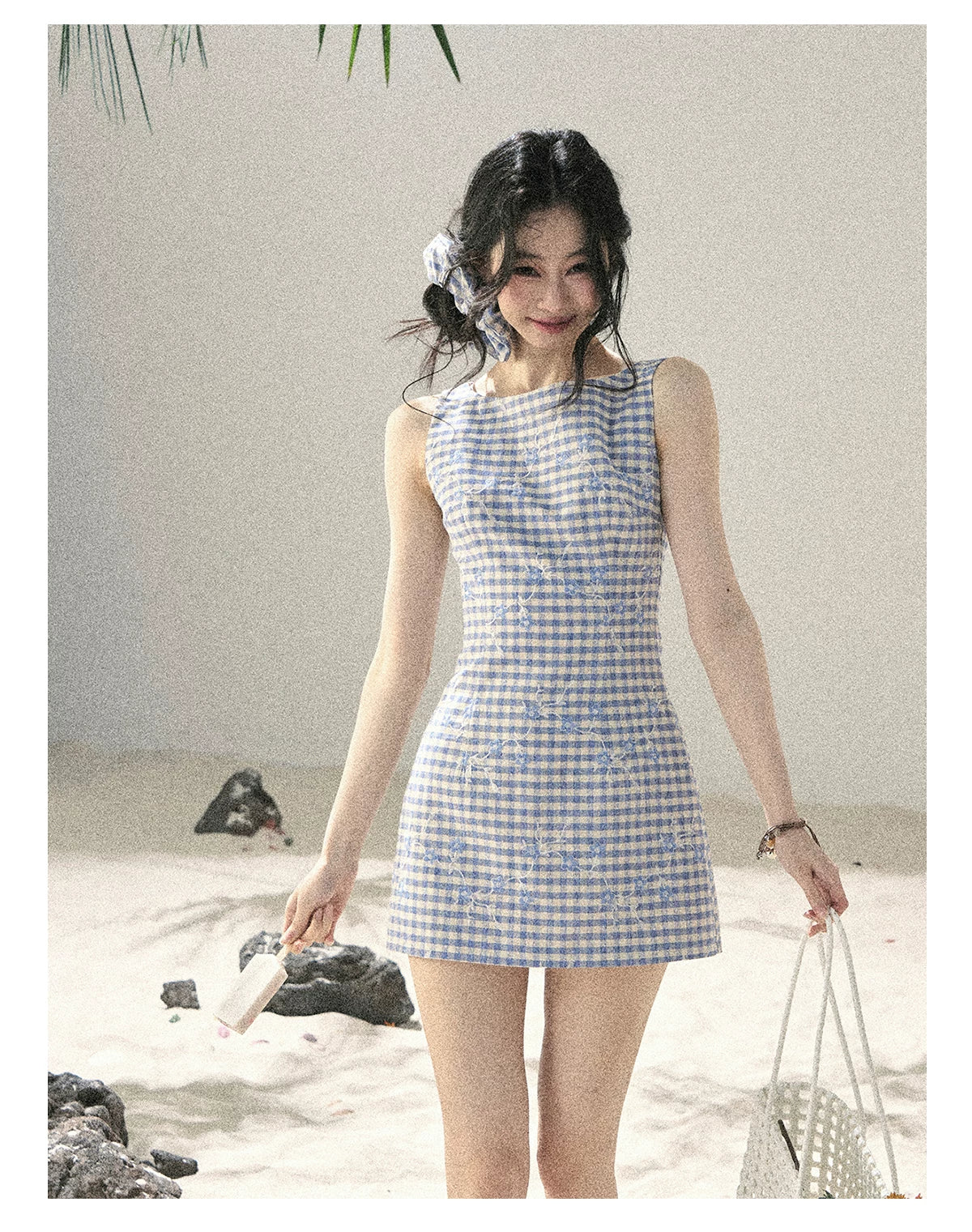 "Sea Breeze Reverie" Sky Blue Embroidered Plaid Mini Dress (With Matching Scrunchie)