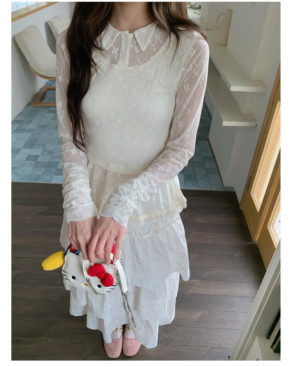 “Soft Veil Sonata” Apricot Layered Lace Mesh Top
