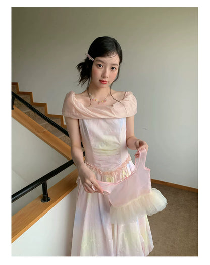 [RF] “Dreamlight Reverie” Pink Gradient Embroidered Off-Shoulder Maxi Dress
