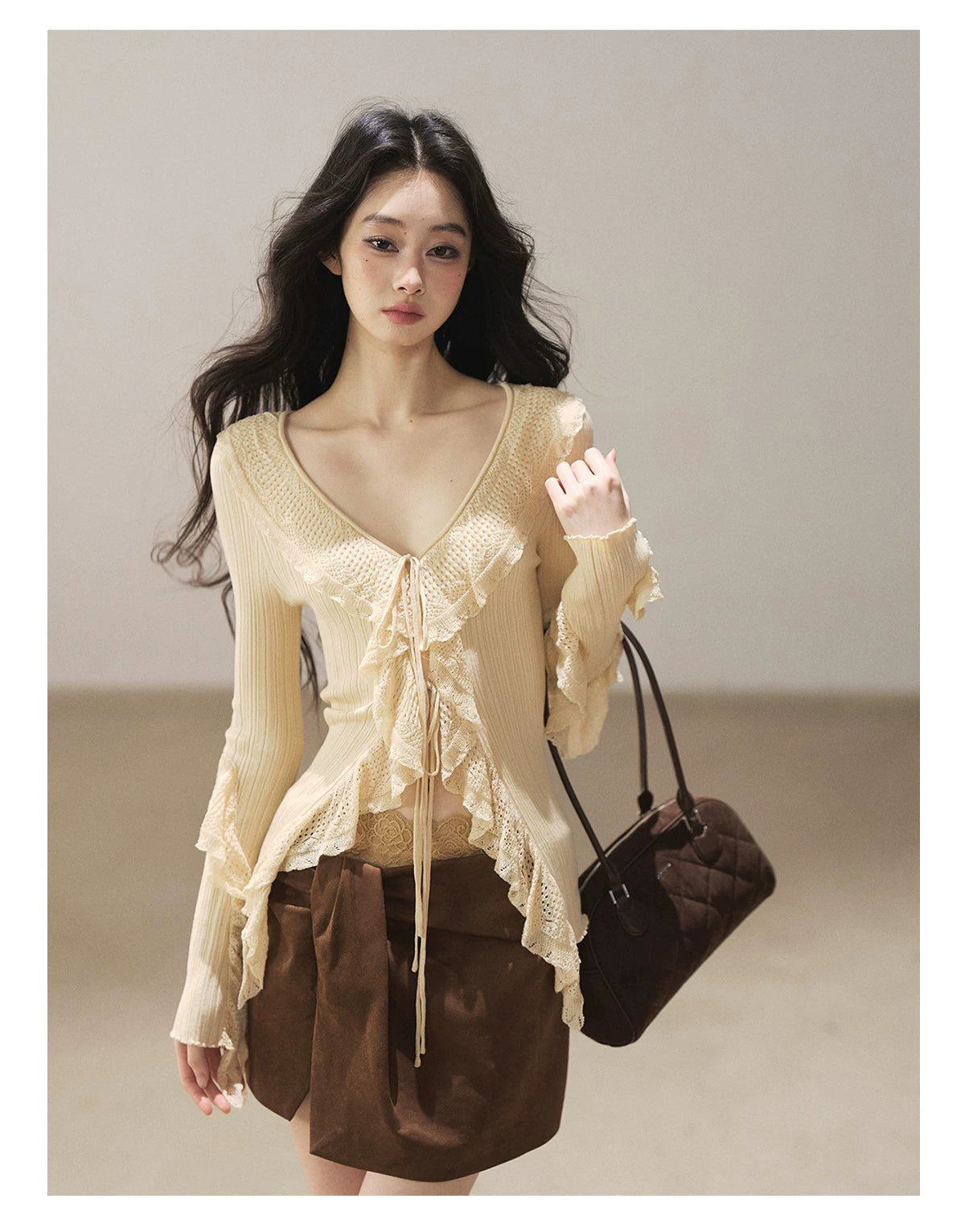 AOMALM - "The Gap of Light" Cheese Yellow Korean Ruffle Lace-Trim Knit Cardigan