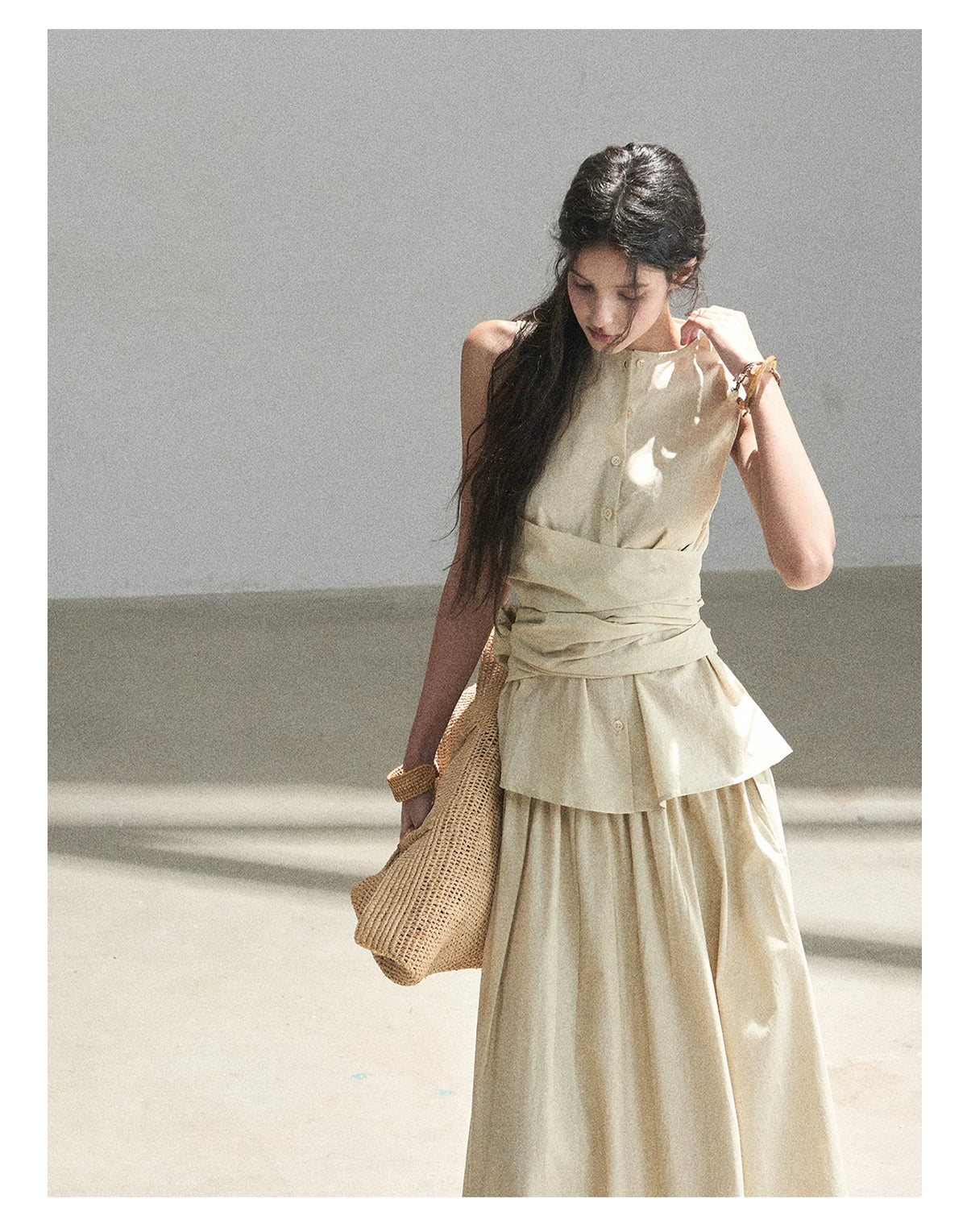"The Last Falling Leaf" Milk Tea Lyocell Two-Piece Skirt Set