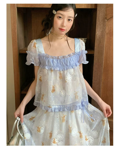 [RF] “Blue Teddy Fairytale” Bear Print Two-Piece Dress Set