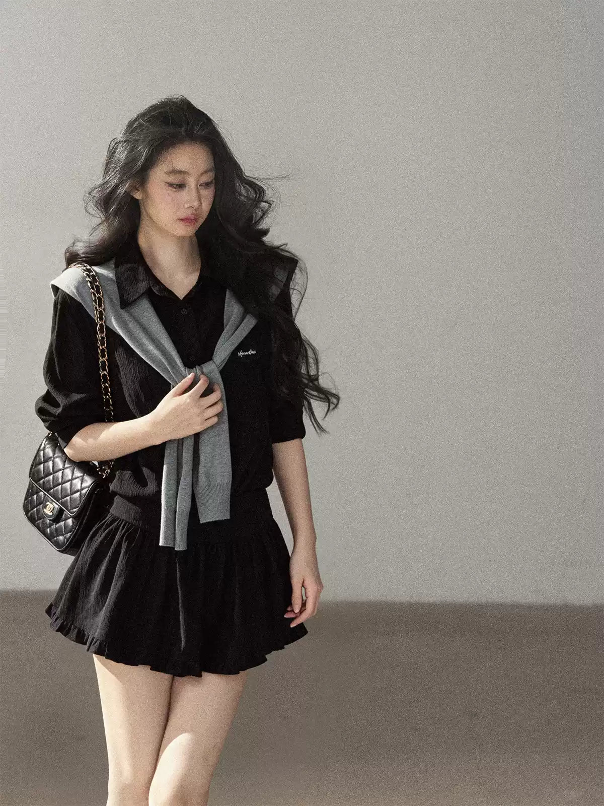 AOMALM - "Whispers of the Night" Serene Black Korean Intellectual Chic Shirt & Mini Skirt Set