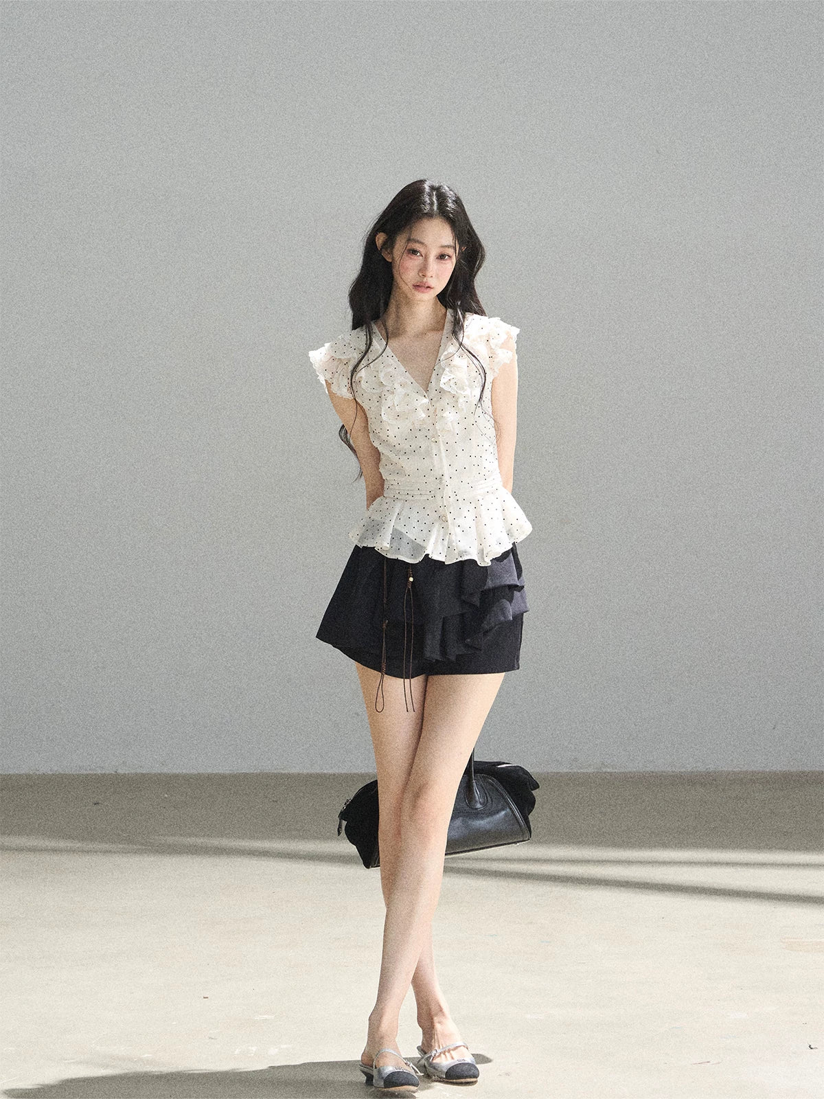 "Falling Into the Galaxy" Cream Ivory Polka Dot Chiffon Blouse