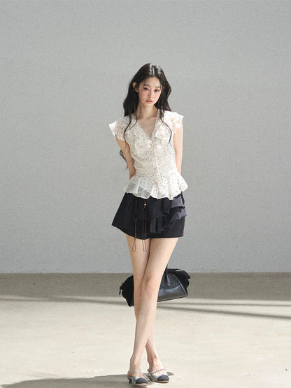 "Falling Into the Galaxy" Cream Ivory Polka Dot Chiffon Blouse