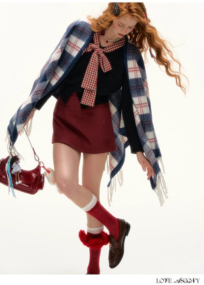 ASGONY - Navy Plaid Fringe Wrap Scarf